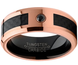 Men's Rose Tone Tungsten Carbide Wedding Band with Black Diamond and Carbon Fiber Inlay 8mm