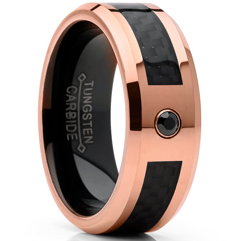 Men's Rose Tone Tungsten Carbide Wedding Band with Black Diamond and Carbon Fiber Inlay 8mm