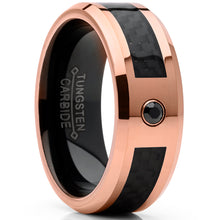 Men's Rose Tone Tungsten Carbide Wedding Band with Black Diamond and Carbon Fiber Inlay 8mm