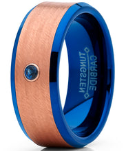 Men's Blue and Rose Tone Tungsten Wedding Band wih Real Sapphire Gemstone Ring with Banded Satin Hammered Finish