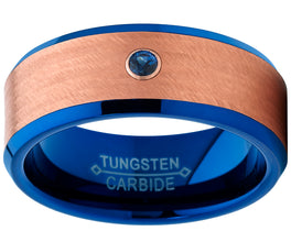 Men's Blue and Rose Tone Tungsten Wedding Band wih Real Sapphire Gemstone Ring with Banded Satin Hammered Finish