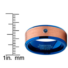 Men's Blue and Rose Tone Tungsten Wedding Band wih Real Sapphire Gemstone Ring with Banded Satin Hammered Finish
