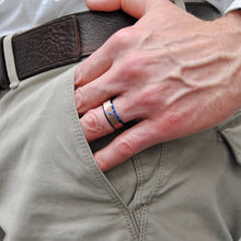 Men's Blue and Rose Tone Tungsten Wedding Band wih Real Sapphire Gemstone Ring with Banded Satin Hammered Finish