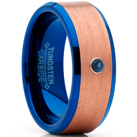 Men's Blue and Rose Tone Tungsten Wedding Band wih Real Sapphire Gemstone Ring with Banded Satin Hammered Finish