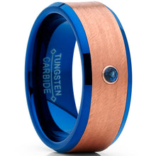Men's Blue and Rose Tone Tungsten Wedding Band wih Real Sapphire Gemstone Ring with Banded Satin Hammered Finish
