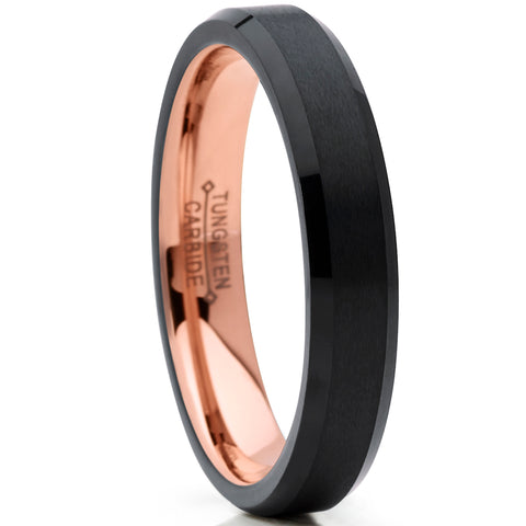 4mm Wide Tungsten Carbide Black and RoseTone Brushed Wedding Band Engagement Ring, Comfort Fit 5-12