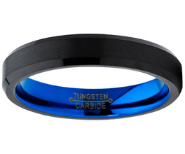4mm Wide Tungsten Carbide Brushed Black and Blue Wedding Band Engagement Ring, Comfort Fit