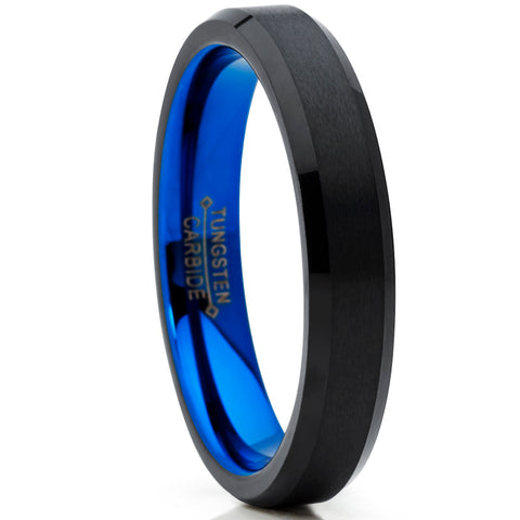 4mm Wide Tungsten Carbide Brushed Black and Blue Wedding Band Engagement Ring, Comfort Fit