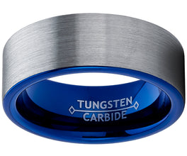 Men's Blue Tungsten Carbide Pipe-Cut Wedding Band Ring Brushed Comfort Fit Band 8mm