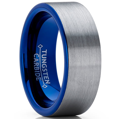 Men's Blue Tungsten Carbide Pipe-Cut Wedding Band Ring Brushed Comfort Fit Band 8mm