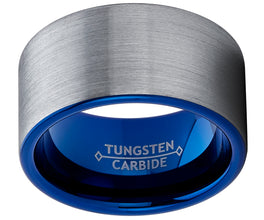 Men's Blue Tungsten Carbide Pipe-Cut Wedding Band Ring Brushed Comfort Fit 12mm