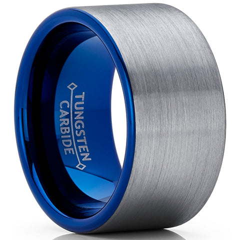 Men's Blue Tungsten Carbide Pipe-Cut Wedding Band Ring Brushed Comfort Fit 12mm