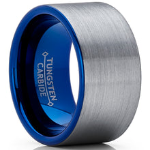 Men's Blue Tungsten Carbide Pipe-Cut Wedding Band Ring Brushed Comfort Fit 12mm