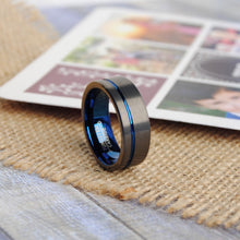 Men's Grooved Tungsten Carbide Wedding Band Engagement Ring Gun Metal and Blue Color, Comfort Fit 8mm