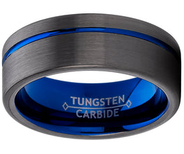 Men's Grooved Tungsten Carbide Wedding Band Engagement Ring Gun Metal and Blue Color, Comfort Fit 8mm