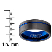 Men's Grooved Tungsten Carbide Wedding Band Engagement Ring Gun Metal and Blue Color, Comfort Fit 8mm