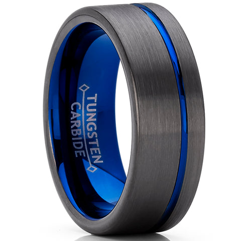 Men's Grooved Tungsten Carbide Wedding Band Engagement Ring Gun Metal and Blue Color, Comfort Fit 8mm