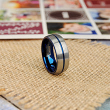 Men's Blue Tungsten Carbide Wedding Band Engagement Ring, Dome Grooved Center Comfort Fit 8mm