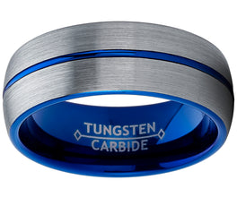 Men's Blue Tungsten Carbide Wedding Band Engagement Ring, Dome Grooved Center Comfort Fit 8mm