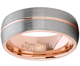 Men's Rose Tone Tungsten Carbide Wedding Band Engagement Ring, Dome Grooved Center Comfort Fit 8mm