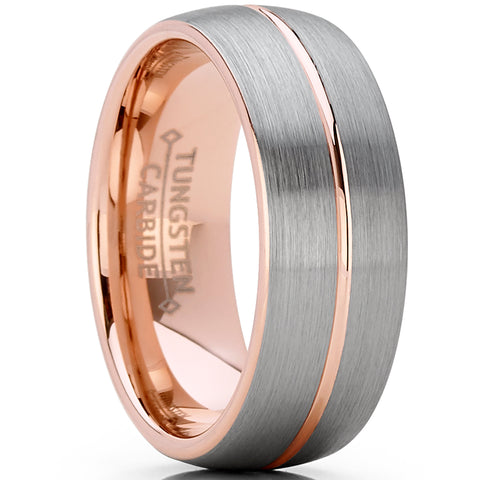 Men's Rose Tone Tungsten Carbide Wedding Band Engagement Ring, Dome Grooved Center Comfort Fit 8mm