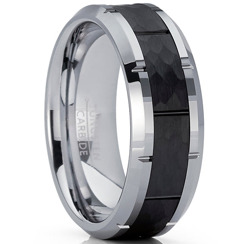 Men's Black Hammered Grooved Tungsten Carbide Wedding Band Ring, 8mm Comfort Fit