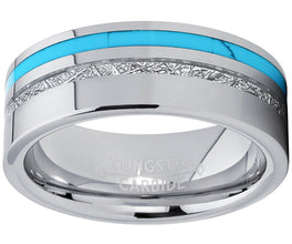 Men's Tungsten Carbide Wedding Band with Turquoise and Imitated Meteorite Inlay Comfort Fit 8mm