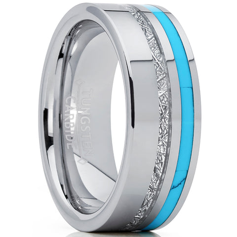 Men's Tungsten Carbide Wedding Band with Turquoise and Imitated Meteorite Inlay Comfort Fit 8mm
