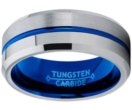 Men's Half anf Half Blue Tungsten Carbide Wedding Band Engagement Ring, Comfort Fit 8mm