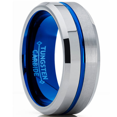 Men's Half anf Half Blue Tungsten Carbide Wedding Band Engagement Ring, Comfort Fit 8mm