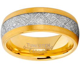 Men's Tungsten Carbide Gold Tone Wedding Band Ring, Imitated Meteorite Inlay Comfort Fit