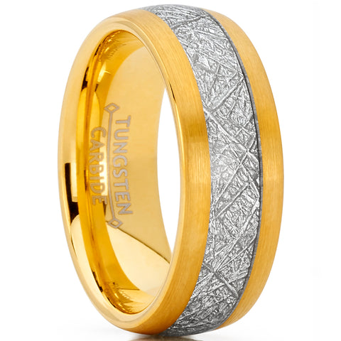Men's Tungsten Carbide Gold Tone Wedding Band Ring, Imitated Meteorite Inlay Comfort Fit