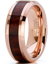 Men's Rose Tone Tungsten Carbide Wedding Band Engagement Ring, Real Wood Inlay, Comfort Fit 8mm