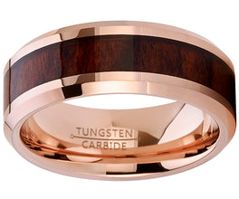 Men's Rose Tone Tungsten Carbide Wedding Band Engagement Ring, Real Wood Inlay, Comfort Fit 8mm