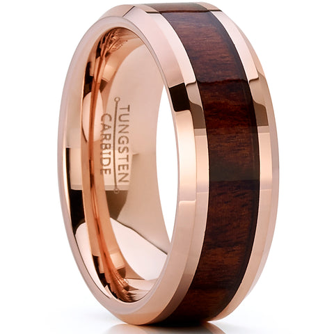 Men's Rose Tone Tungsten Carbide Wedding Band Engagement Ring, Real Wood Inlay, Comfort Fit 8mm