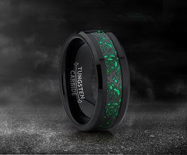 Men's Black Tungsten Carbide Dragon Ring Wedding Band Green Carbon Fiber Comfort Fit 8mm