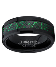 Men's Black Tungsten Carbide Dragon Ring Wedding Band Green Carbon Fiber Comfort Fit 8mm