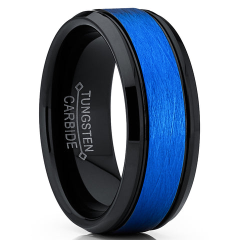 Men's Duo Black and Blue Tungsten Carbide Textured Brushed Wedding Band Ring Comfort Fit