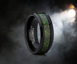 Men's Black Tungsten Carbide Dragon Ring Wedding Band Green Carbon Fiber Comfort Fit 8mm
