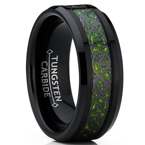 Men's Black Tungsten Carbide Dragon Ring Wedding Band Green Carbon Fiber Comfort Fit 8mm