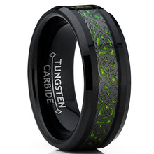 Men's Black Tungsten Carbide Dragon Ring Wedding Band Green Carbon Fiber Comfort Fit 8mm