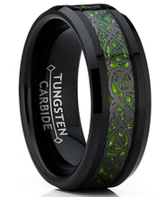 Men's Black Tungsten Carbide Dragon Ring Wedding Band Green Carbon Fiber Comfort Fit 8mm