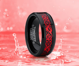 Men's Black Tungsten Red Dragon Ring Wedding Band Carbon Fiber Comfort Fit 8MM