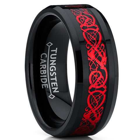 Men's Black Tungsten Red Dragon Ring Wedding Band Carbon Fiber Comfort Fit 8MM