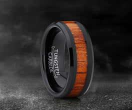 Men's Black Tungsten Carbide Wedding Band Ring, Real Wood Inlay Comfort Fit 8mm