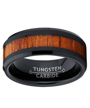 Men's Black Tungsten Carbide Wedding Band Ring, Real Wood Inlay Comfort Fit 8mm