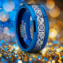 Men's Blue Tungsten Carbide Dragon Ring Wedding Band Blue Carbon Fiber Comfort Fit