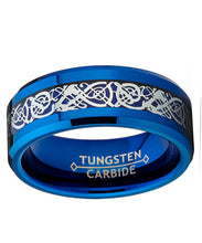 Men's Blue Tungsten Carbide Dragon Ring Wedding Band Blue Carbon Fiber Comfort Fit
