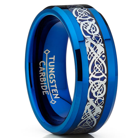 Men's Blue Tungsten Carbide Dragon Ring Wedding Band Blue Carbon Fiber Comfort Fit