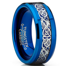 Men's Blue Tungsten Carbide Dragon Ring Wedding Band Blue Carbon Fiber Comfort Fit